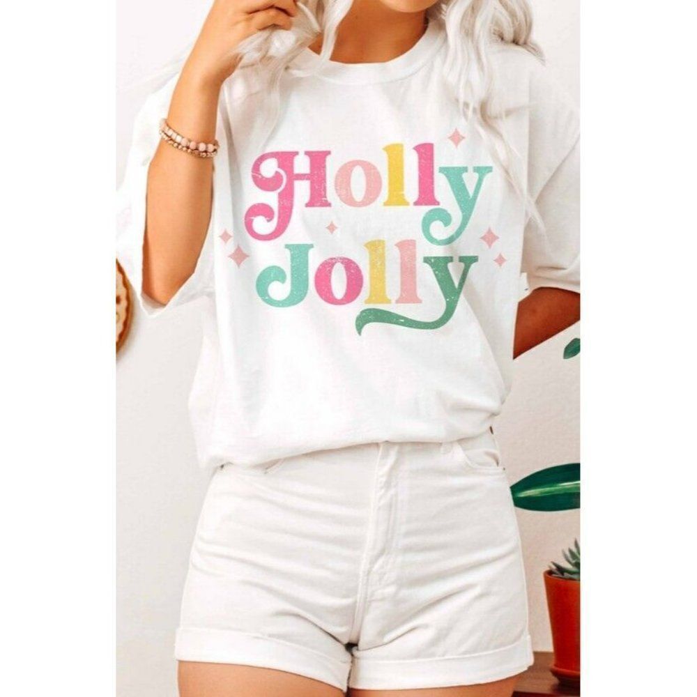SALE! Holly Jolly Oversized Graphic Tee Comfort Colors Relaxed Shirt Christmas - Picture 2 of 4